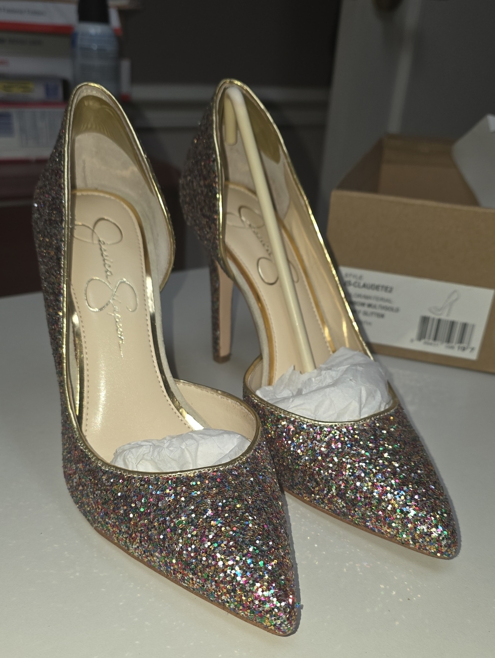 Jessica Simpson Multi-Glitter Pointed Toe Stilettos with Gold Trim